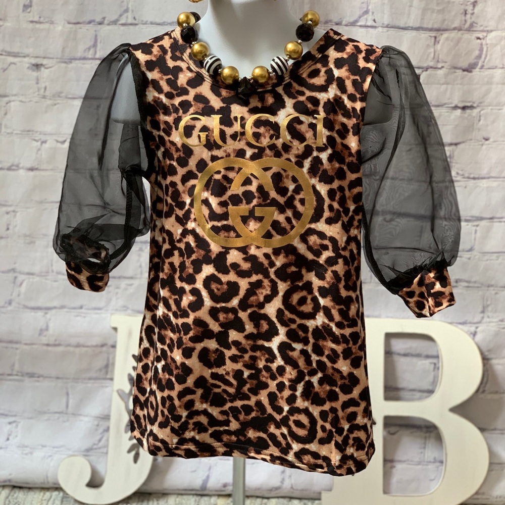 Girls Animal Print Dress with Sheer sleeves